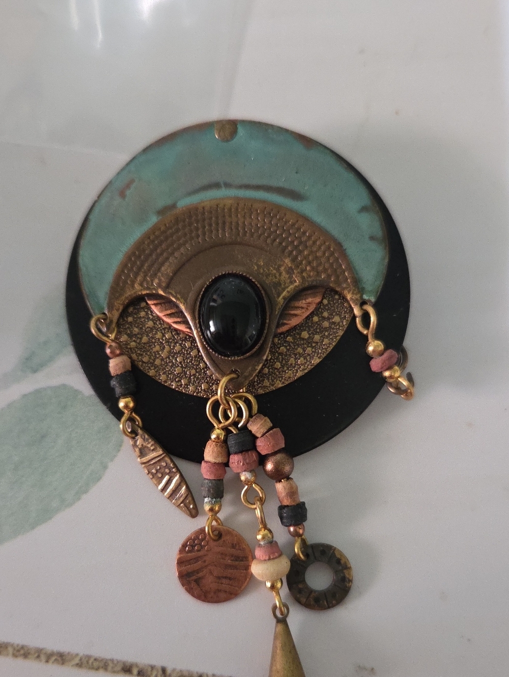 Boho vintage Black and Turquoise Brooch Necklace with Mixed Metal Charms (80's)